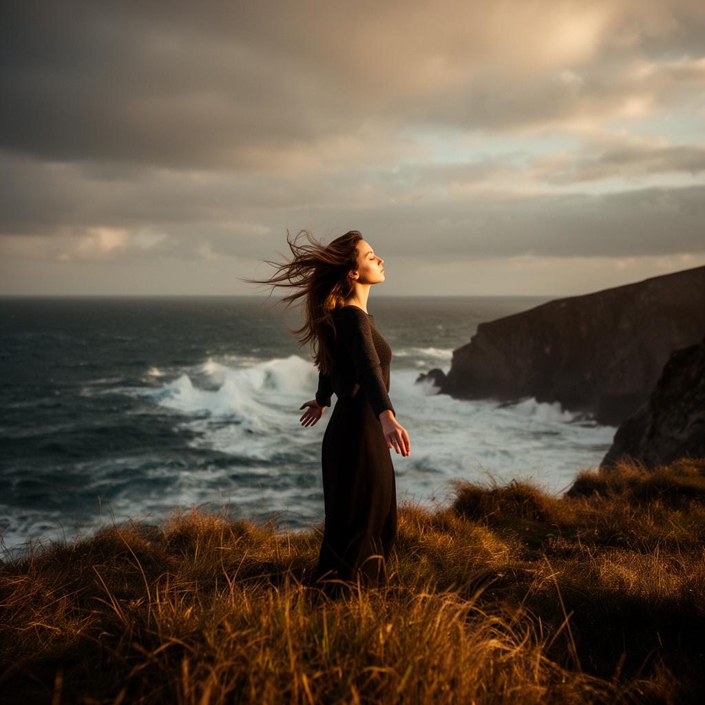 Woman standing on a wild Atlantic clifftop with arms open to the coastal wind, practising Uitwaaien