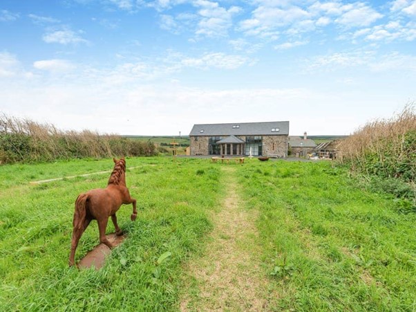 Wild meadow with horse sculpture and view to Berry Barn