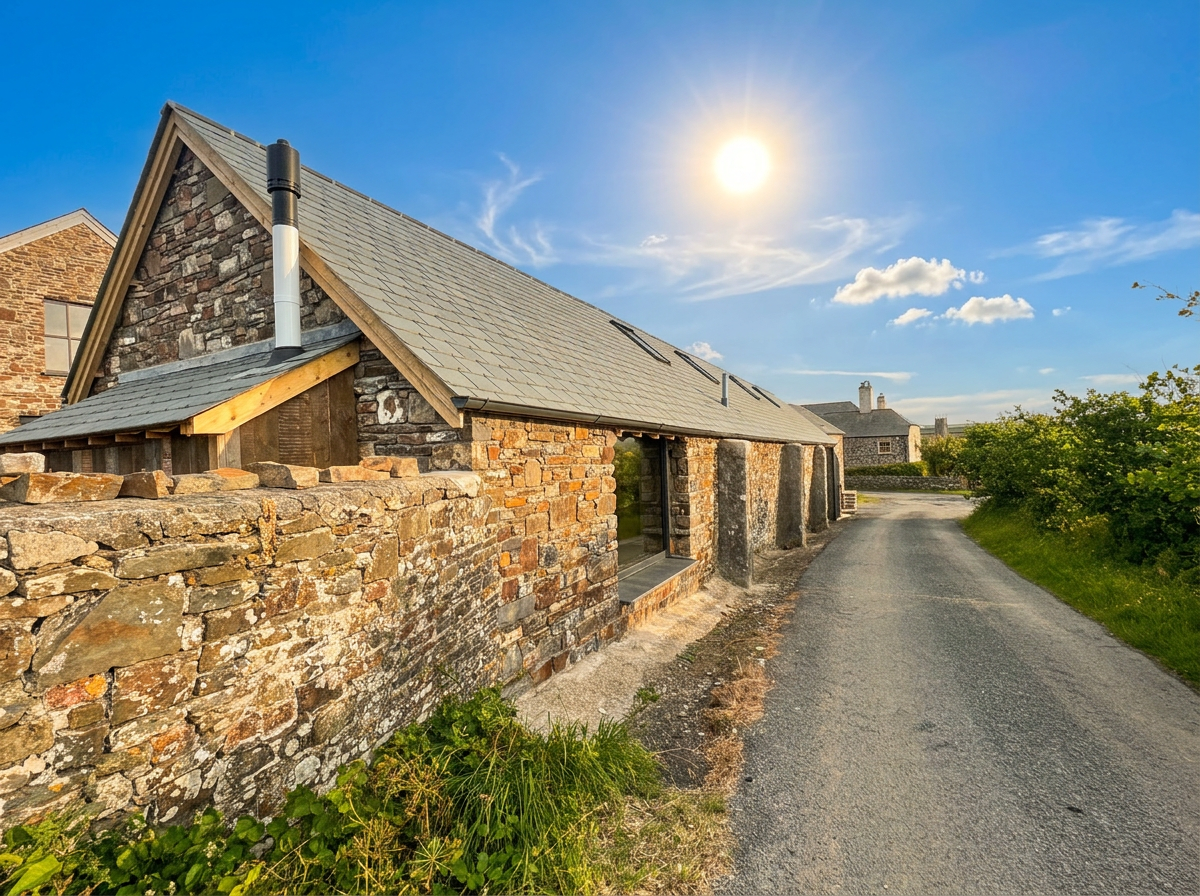 Lower Berry Lodge stone barn with slate roof bathed in golden evening sun