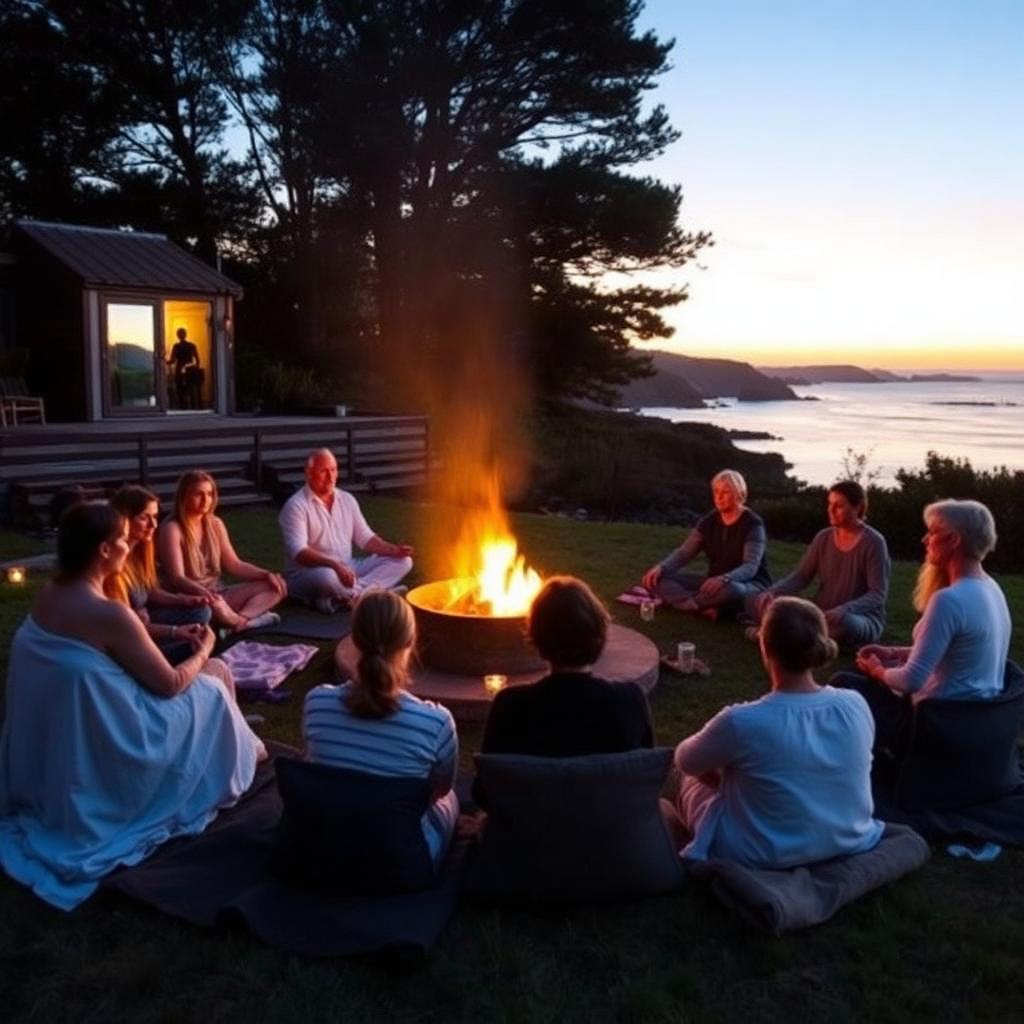Group meditation around an outdoor fire pit at dusk