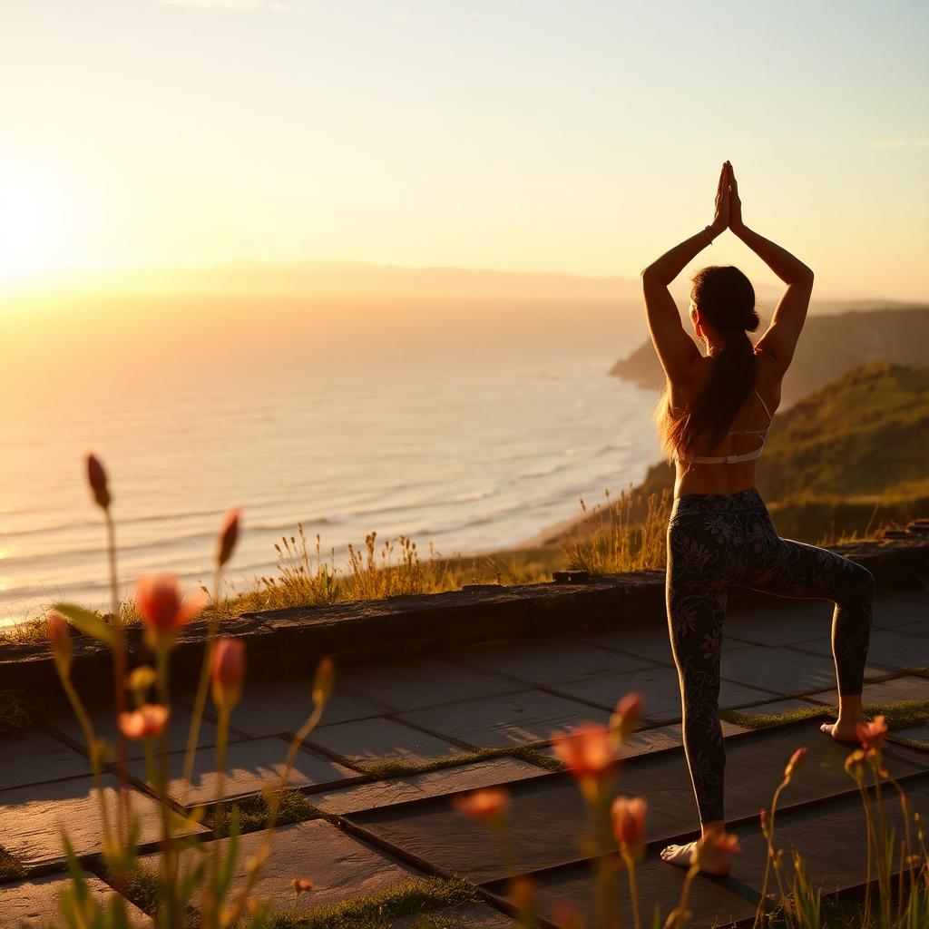 Outdoor yoga on a slate patio overlooking the North Devon coast