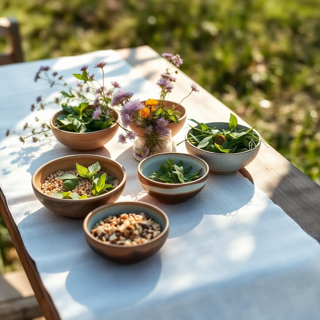 Plant-based retreat lunch served outdoors on a linen-dressed table